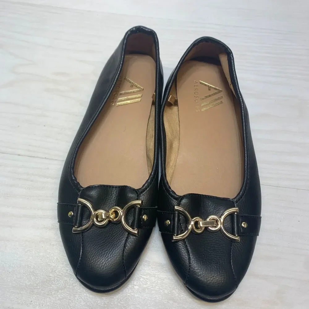 Womens Size 7.5 Aerosoles Big Bet Ballet Flats Black Gold Horsebit Slip On Shoes